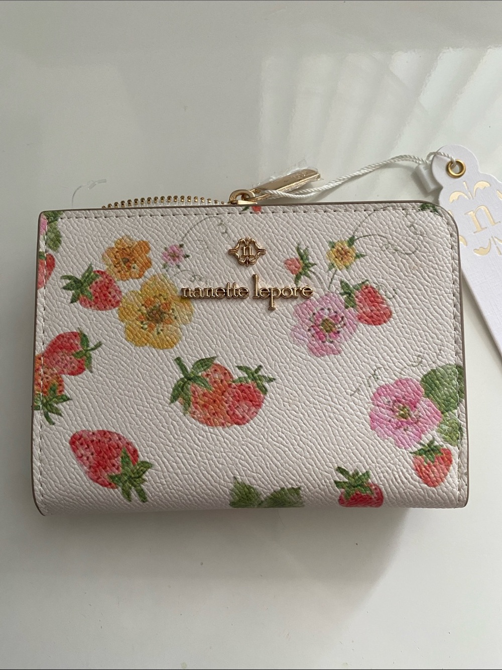 Nanette Lepore White Floral & Strawberry Zip Wallet